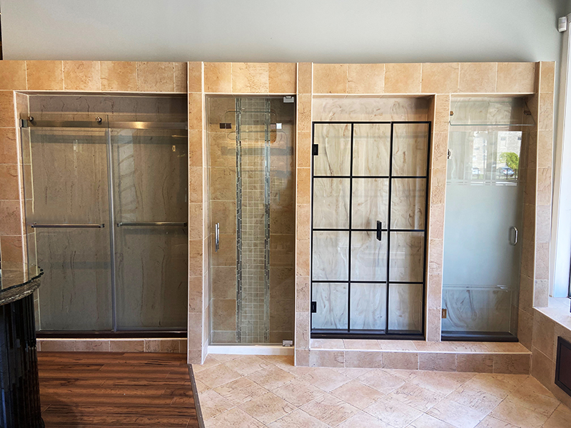 Full Size Shower Door Displays in a Variety of Configurations and Glass Options.